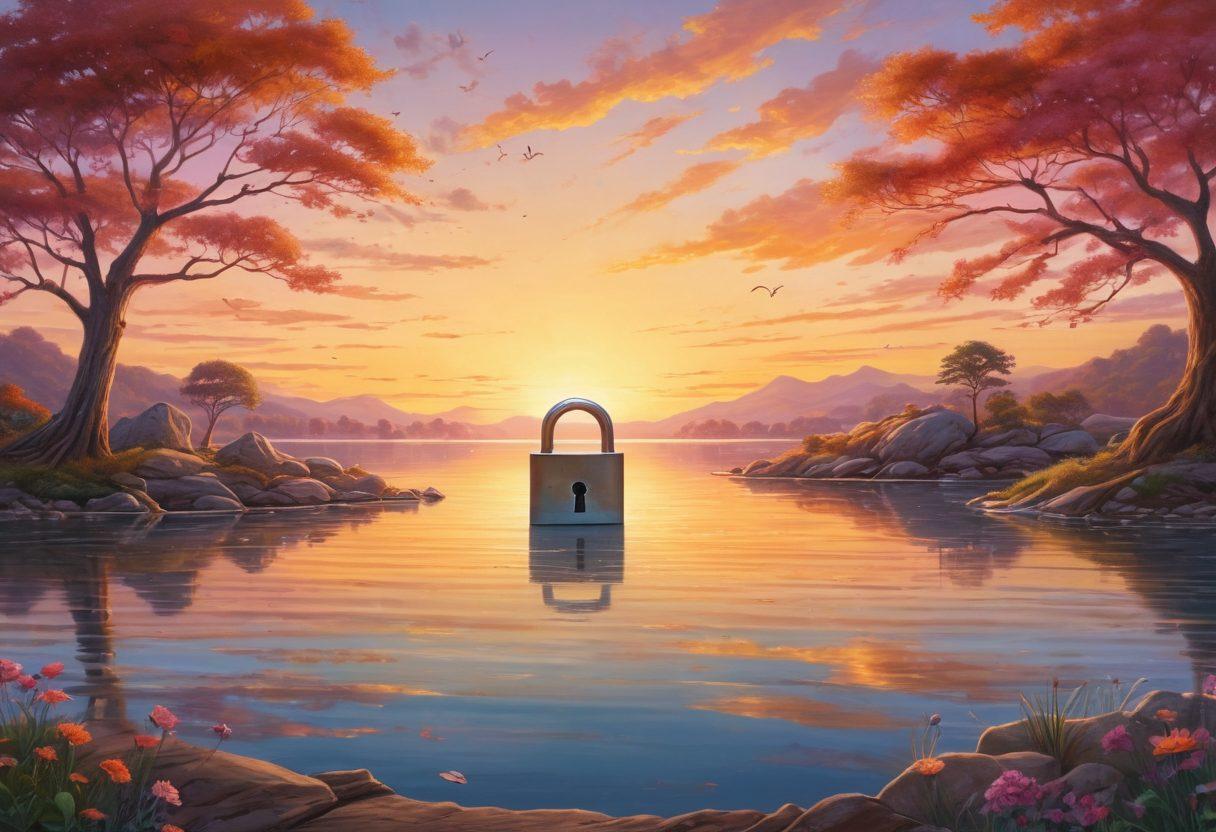 A serene landscape featuring an open padlock symbolizing the unlocking of the mind, with vibrant brain illustrations filled with colorful thoughts and emotions surrounding it. In the foreground, a diverse group of people practicing mindfulness and resilience, displaying emotions like joy and calmness. A soft sunrise in the background, casting warm light over the scene. super-realistic. vibrant colors. peaceful atmosphere.