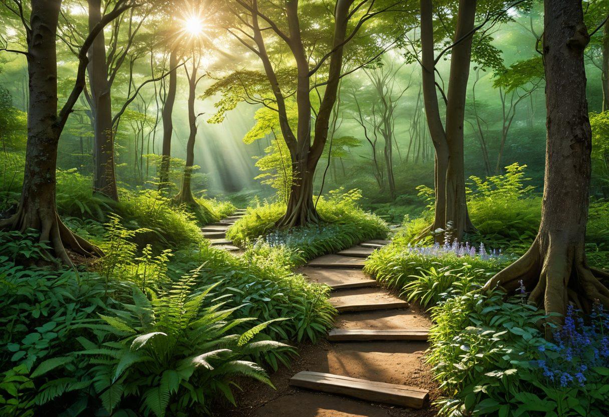 A serene landscape featuring a winding path through a tranquil forest, with various individuals engaging in mindfulness practices like meditation and yoga. The sun filters through the trees, casting a warm golden light, symbolizing hope and emotional wellness. Vivid colors of green, blue, and gold create an uplifting atmosphere. super-realistic. vibrant colors. peaceful ambiance.