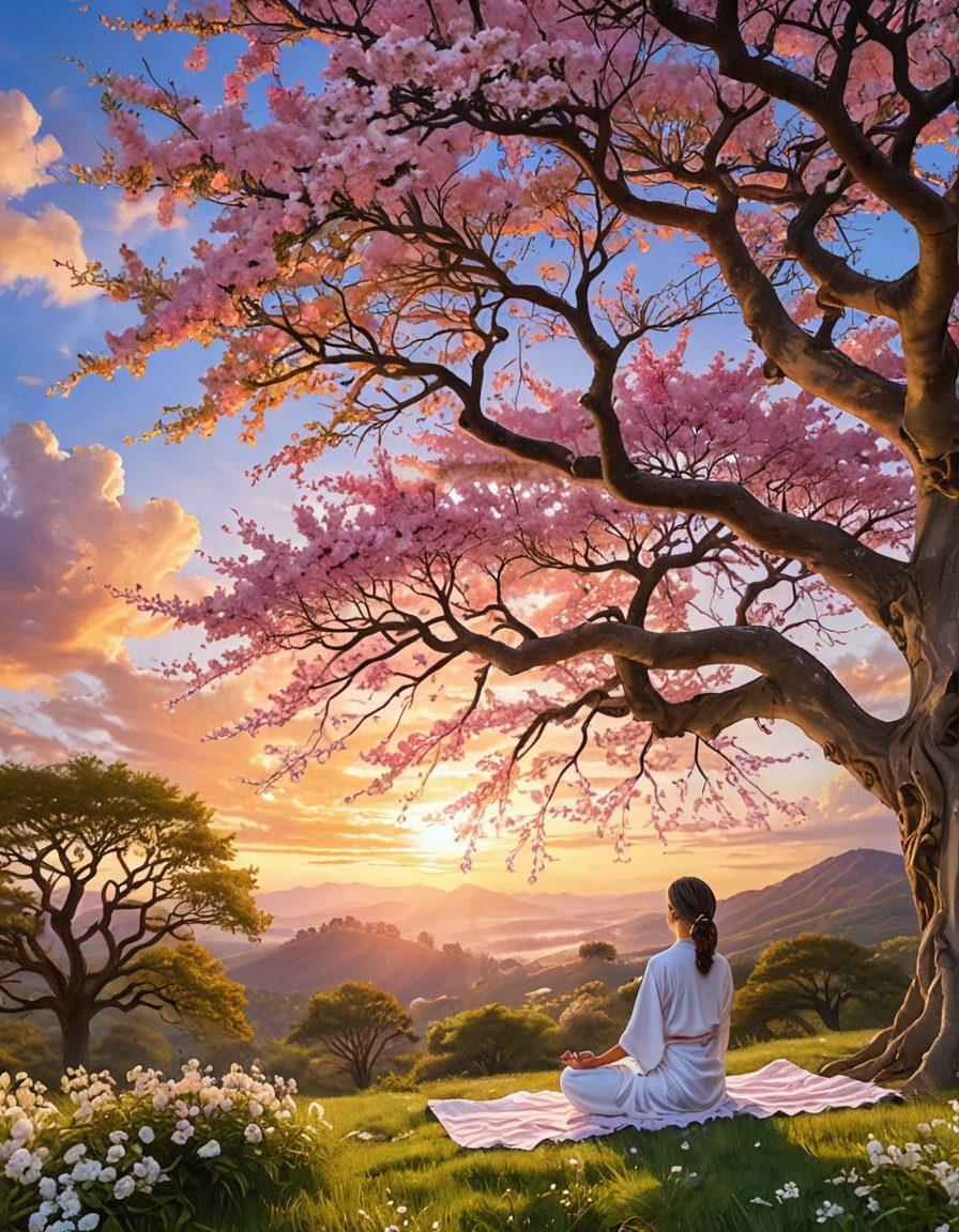 A serene landscape featuring a person meditating under a large, blossoming tree, surrounded by soft, swirling clouds symbolizing tranquility. Wisps of colorful light represent thoughts transforming from chaotic to calm. In the background, a gentle sunrise casts warm golden hues, signifying hope and strength. super-realistic. vibrant colors. peaceful atmosphere.